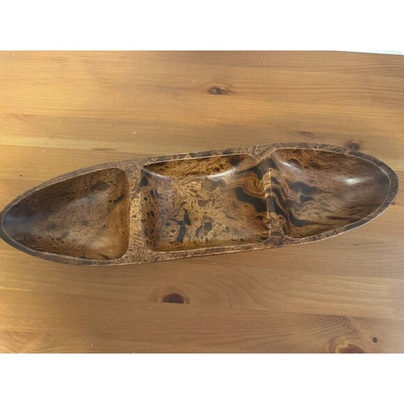 3 Compartment Hand Carved Mango Wood Serving Decorative Bowl Made in Thailand - Picture 2 of 8